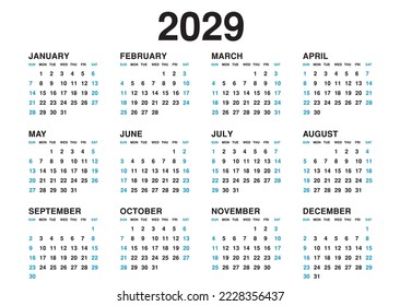 Calendar 2029 template vector, simple minimal design, Planner 2029 year, Wall calendar 2029 year, Week Starts sunday, Set of 12 calendar, advertisement, printing, stationery, holidays in blue colors