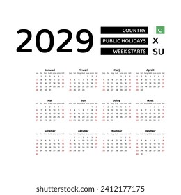 Calendar 2029 Urdu language with Pakistan public holidays. Week starts from Sunday. Graphic design vector illustration..