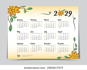 Calendario 2029 plantilla vectorial flor amarillo diseño, organizador anual de calendario durante semanas, Semana comienza el domingo, Conjunto de 12 meses, calendario de pared 2029 año, afiche, volante, impresión ilustración vectorial
