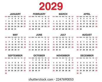 Kalender 2029 Jahre Vektorgrafik, Set von 12 Monaten, Woche beginnt am Sonntag, Einfache Planervorlage, Schreibtischkalender 2029 Jahr, Wand-Kalender-Vorlage, Printmedien, Corporate Template