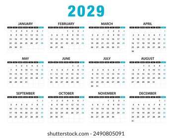 Calendar 2029 year vector illustration, Set of 12 calendar, week starts on Sunday, Simple planner template, desk calendar 2029 year, wall calendar 2029 template, print media, Business template