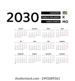 Calendar 2030 Afrikaans language with Namibia public holidays. Week starts from Monday. Graphic design vector illustration.