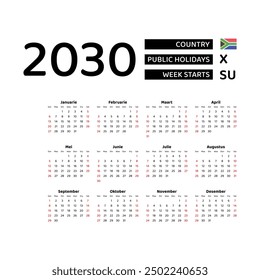 Calendar 2030 Afrikaans language with South Africa public holidays. Week starts from Sunday. Graphic design vector illustration.