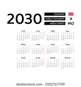 Calendar 2030 Chinese language with Taiwan public holidays. Week starts from Monday. Graphic design vector illustration.