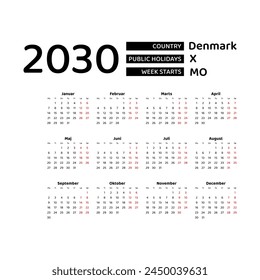 Calendar 2030 Danish language with Denmark public holidays. Week starts from Monday. Graphic design vector illustration.