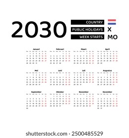 Calendar 2030 Dutch language with Netherlands public holidays. Week starts from Monday. Graphic design vector illustration.