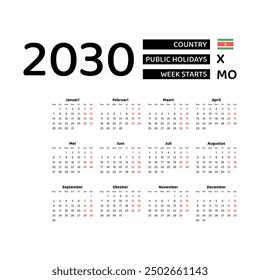 Calendar 2030 Dutch language with Suriname public holidays. Week starts from Monday. Graphic design vector illustration.