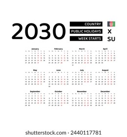 Calendar 2030 English language with Afghanistan public holidays. Week starts from Sunday. Graphic design vector illustration.
