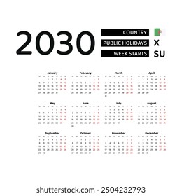 Calendar 2030 English language with Algeria public holidays. Week starts from Sunday. Graphic design vector illustration.