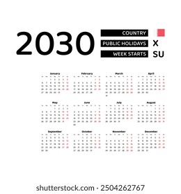 Calendar 2030 English language with Bahrain public holidays. Week starts from Sunday. Graphic design vector illustration.