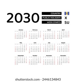 Calendar 2030 English language with Barbados public holidays. Week starts from Sunday. Graphic design vector illustration.