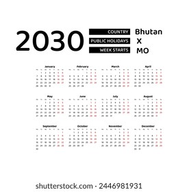 Calendar 2030 English language with Bhutan public holidays. Week starts from Monday. Graphic design vector illustration.