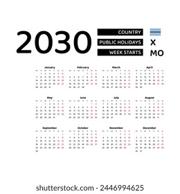 Calendar 2030 English language with Botswana public holidays. Week starts from Monday. Graphic design vector illustration.