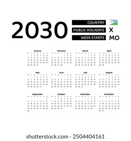 Calendar 2030 English language with Djibouti public holidays. Week starts from Monday. Graphic design vector illustration.