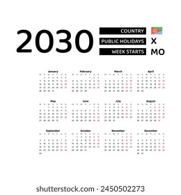 Calendar 2030 English language with Eritrea public holidays. Week starts from Monday. Graphic design vector illustration.