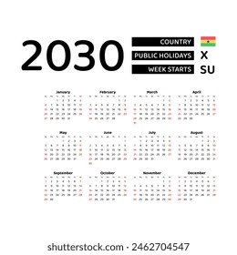 Calendar 2030 English language with Ghana public holidays. Week starts from Sunday. Graphic design vector illustration.