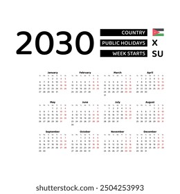 Calendar 2030 English language with Jordan public holidays. Week starts from Sunday. Graphic design vector illustration.