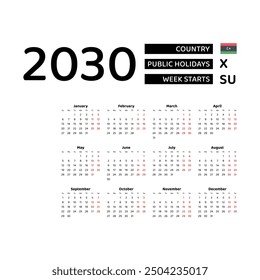 Calendar 2030 English language with Libya public holidays. Week starts from Sunday. Graphic design vector illustration.