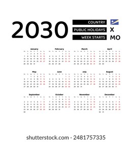 Calendar 2030 English language with Marshall Islands public holidays. Week starts from Monday. Graphic design vector illustration.