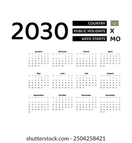 Calendar 2030 English language with Mauritania public holidays. Week starts from Monday. Graphic design vector illustration.