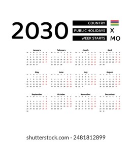 Calendar 2030 English language with Mauritius public holidays. Week starts from Monday. Graphic design vector illustration.