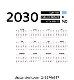 Calendar 2030 English language with Micronesia public holidays. Week starts from Monday. Graphic design vector illustration.