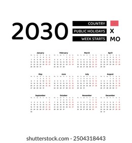 Calendar 2030 English language with Morocco public holidays. Week starts from Monday. Graphic design vector illustration.