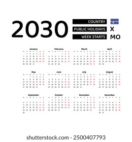 Calendar 2030 English language with Nauru public holidays. Week starts from Monday. Graphic design vector illustration.