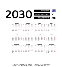 Calendar 2030 English language with New Zealand public holidays. Week starts from Monday. Graphic design vector illustration.