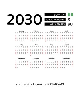 Calendar 2030 English language with Nigeria public holidays. Week starts from Sunday. Graphic design vector illustration.