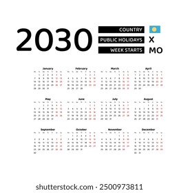 Calendar 2030 English language with Palau public holidays. Week starts from Monday. Graphic design vector illustration.