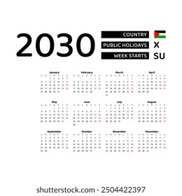 Calendar 2030 English language with Palestine public holidays. Week starts from Sunday. Graphic design vector illustration.