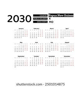 Calendar 2030 English language with Papua New Guinea public holidays. Week starts from Monday. Graphic design vector illustration.