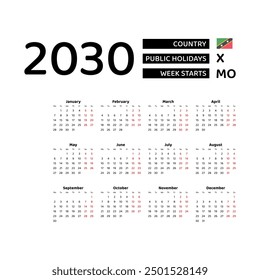 Calendar 2030 English language with Saint Kitts and Nevis public holidays. Week starts from Monday. Graphic design vector illustration.