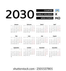 Calendar 2030 English language with Saint Lucia public holidays. Week starts from Monday. Graphic design vector illustration.