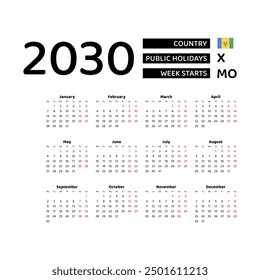 Calendar 2030 English language with Saint Vincent and the Grenadines public holidays. Week starts from Monday. Graphic design vector illustration.