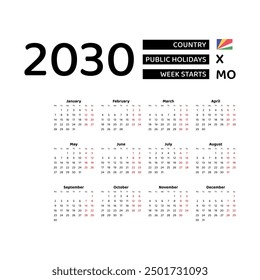 Calendar 2030 English language with Seychelles public holidays. Week starts from Monday. Graphic design vector illustration.