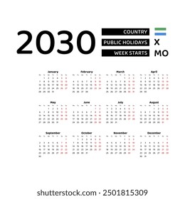 Kalender 2030 Englisch mit Sierra Leone Feiertage. Die Woche beginnt am Montag. Grafikdesign, Vektorgrafik.