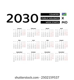 Calendar 2030 English language with Solomon Islands public holidays. Week starts from Monday. Graphic design vector illustration.