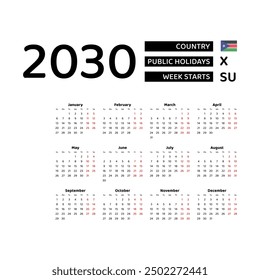 Calendar 2030 English language with South Sudan public holidays. Week starts from Sunday. Graphic design vector illustration.