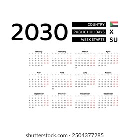 Calendar 2030 English language with Sudan public holidays. Week starts from Sunday. Graphic design vector illustration.