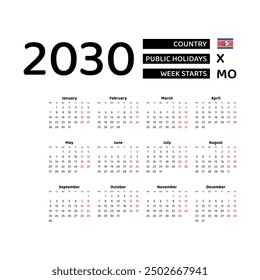 Calendar 2030 English language with Swaziland public holidays. Week starts from Monday. Graphic design vector illustration.