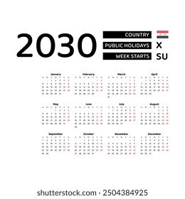 Calendar 2030 English language with Syria public holidays. Week starts from Sunday. Graphic design vector illustration.