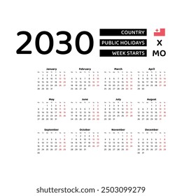 Calendar 2030 English language with Tonga public holidays. Week starts from Monday. Graphic design vector illustration.