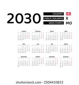 Calendar 2030 English language with Tunisia public holidays. Week starts from Monday. Graphic design vector illustration.