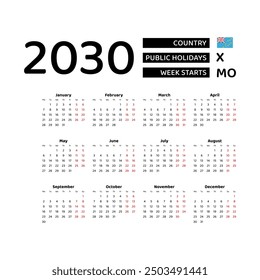 Calendar 2030 English language with Tuvalu public holidays. Week starts from Monday. Graphic design vector illustration.