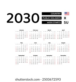 Calendar 2030 English language with United States public holidays. Week starts from Sunday. Graphic design vector illustration.