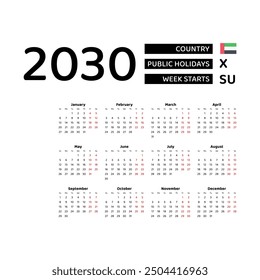 Calendar 2030 English language with United Arab Emirates public holidays. Week starts from Sunday. Graphic design vector illustration.