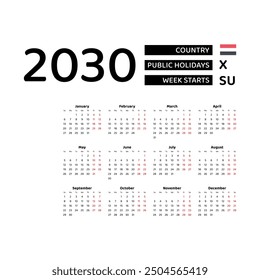 Calendar 2030 English language with Yemen public holidays. Week starts from Sunday. Graphic design vector illustration.