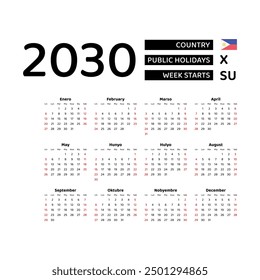 Calendar 2030 Filipino language with Philippines public holidays. Week starts from Sunday. Graphic design vector illustration.